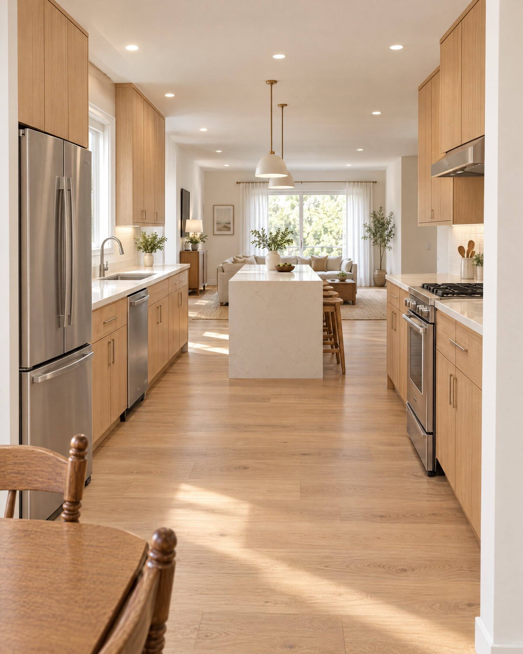 The kitchen after: white oak cabinets, quartz counters and an open view to the living room