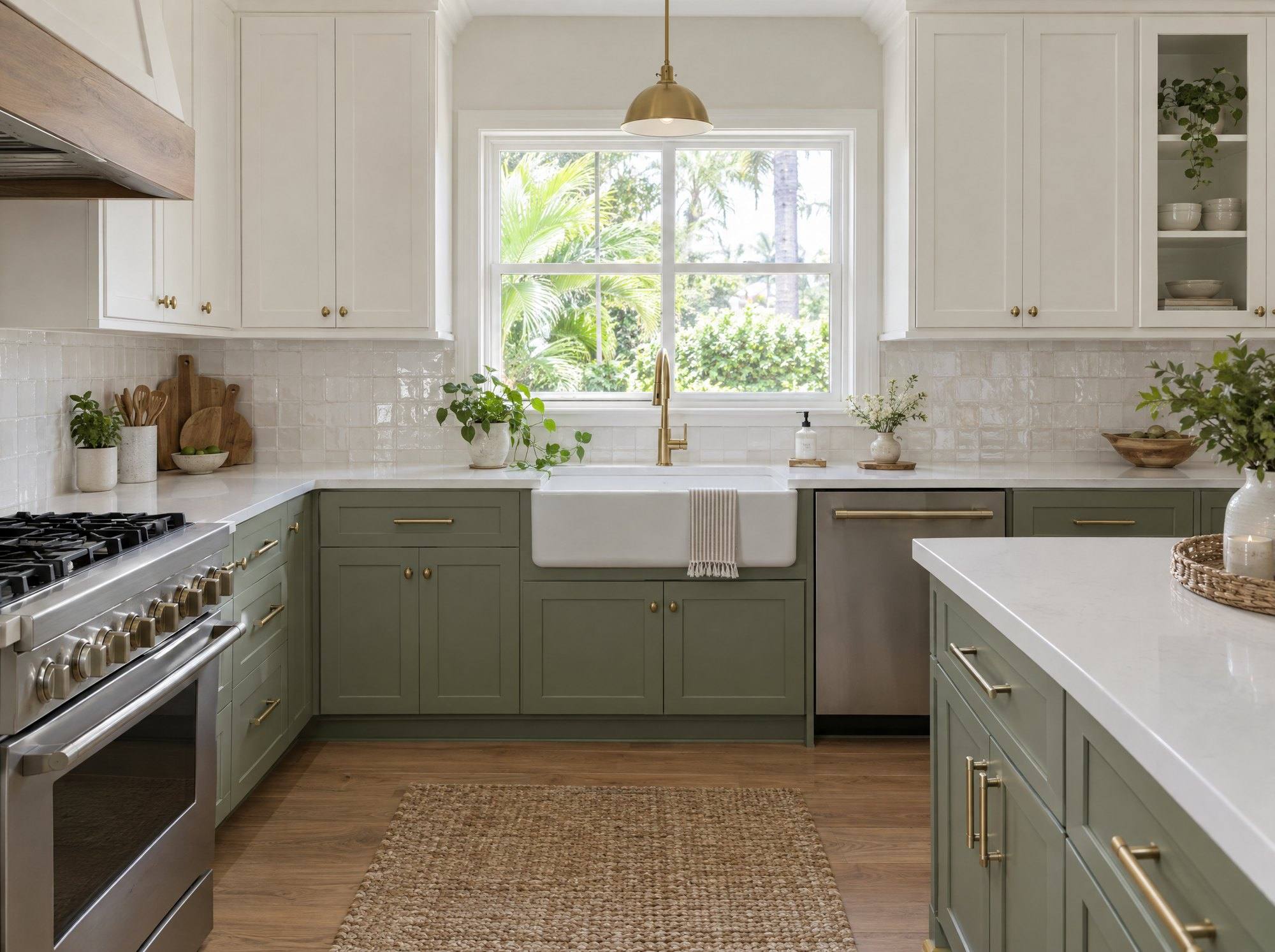 Remodeled kitchen with sage green cabinets, brass hardware and a farmhouse sink
