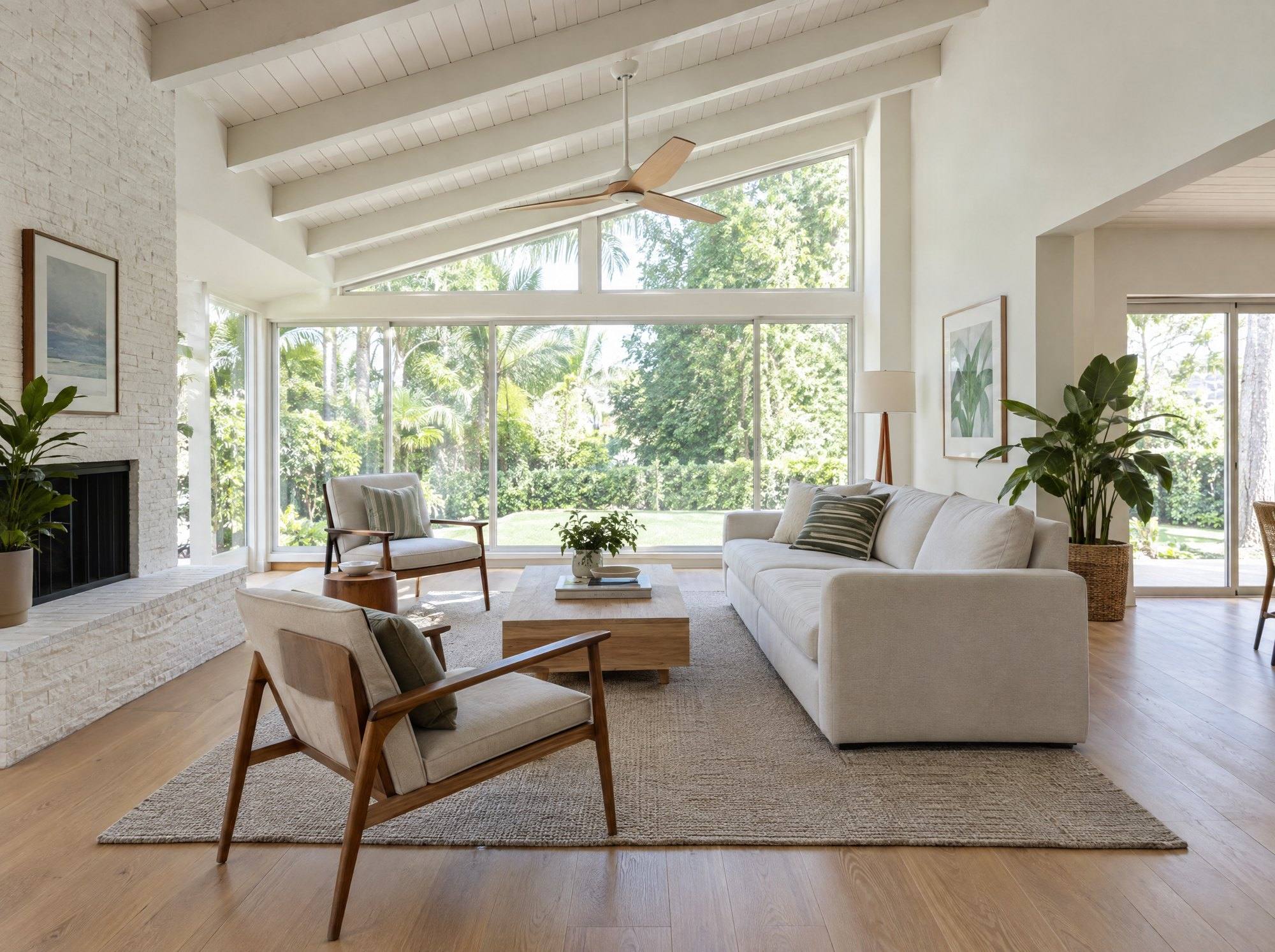 Living room with a vaulted beamed ceiling after a whole-home renovation