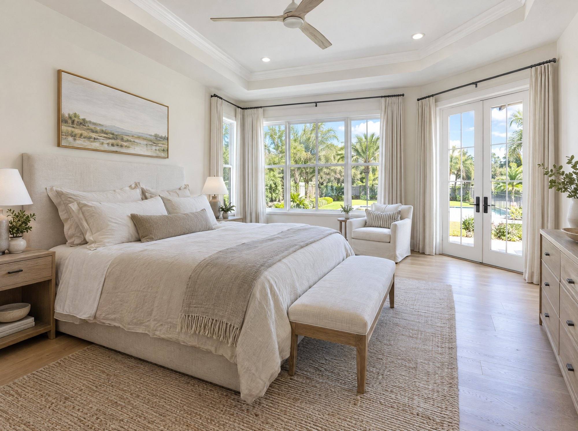 Bright primary bedroom inside a new home addition with French doors to the yard